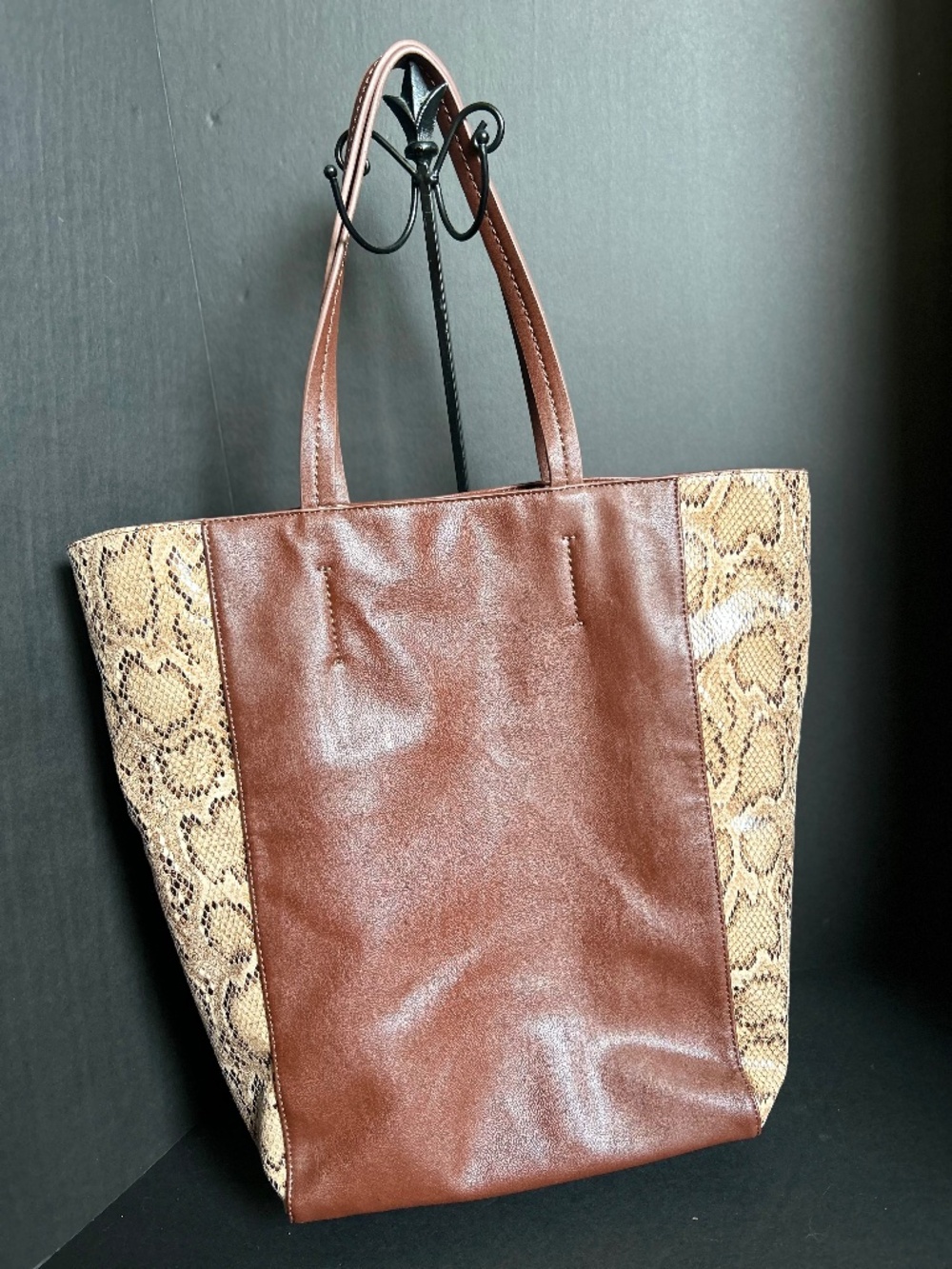 LARGEVintage Brown Leather Snakeskin Print Tote Bag Boho Shoulder Purse